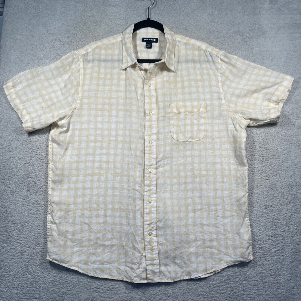 Lands' End 100% Linen Button Up Shirt Traditional Fit Short Sleeve Checkered L